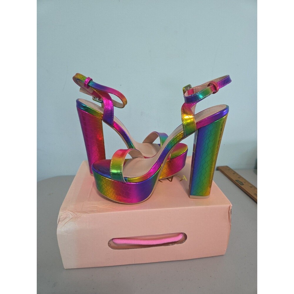 Platform Sandals Rainbow Colors Open Toe Thick High Heels Pumps Buckle new 6.5